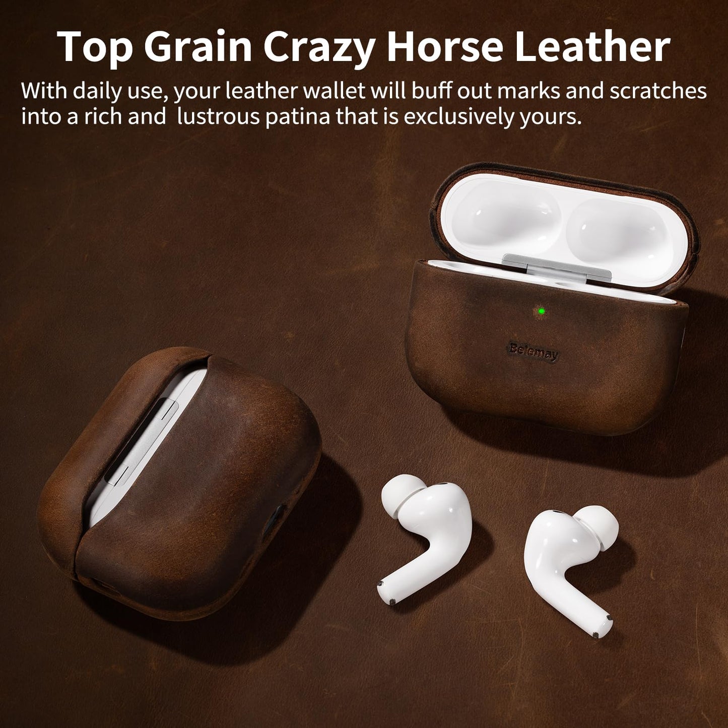 Belemay Handcrafted Crazy Horse Leather Case for AirPods Pro 3rd Gen (2025), Vintage Aesthetic, Two-Tone Effect, Unique Patina, Compatible with MagSafe, Compatible with Airpods Pro 3, Rustic Brown