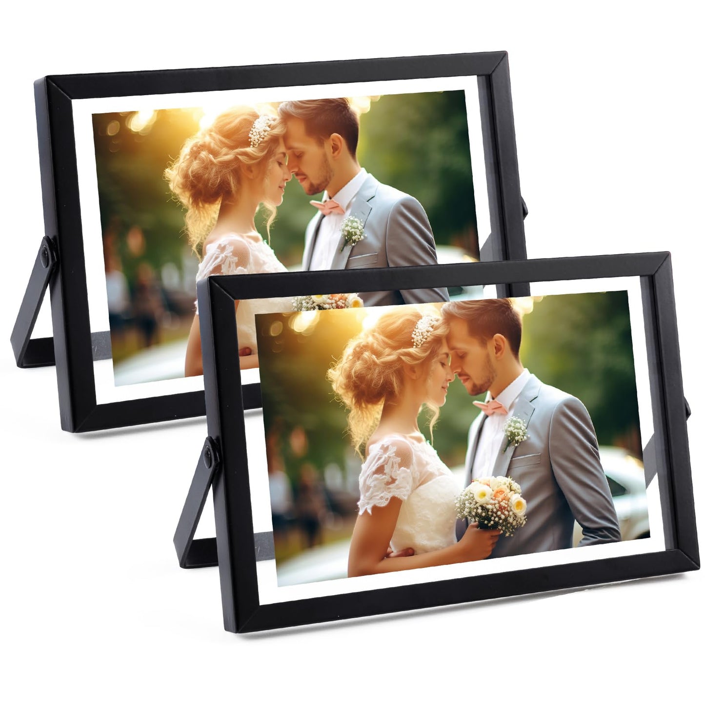 Golden State Art, 2 Pack, 4x6 Inch Metal Picture Frames, Floating Display for 3x5, 2x3 Photos, with Real Glass and Pull-Out Easel Stand for Tabletop Display (Horizontal) - Matte Black