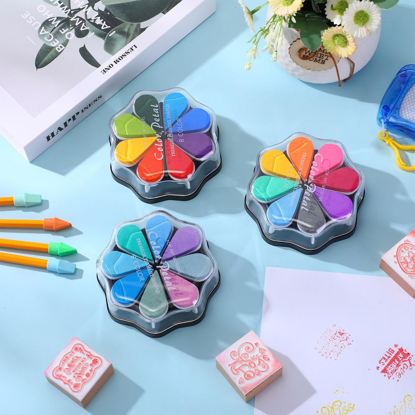 Jetec 3 Pack Petal Ink Pads Finger Ink Stamp, Rainbow Rubber Stamps Washable Waterdrop Shaped Stamp Pads for Card Making, Scrapbook, Painting(Classic 24 Colors,3 Packs)