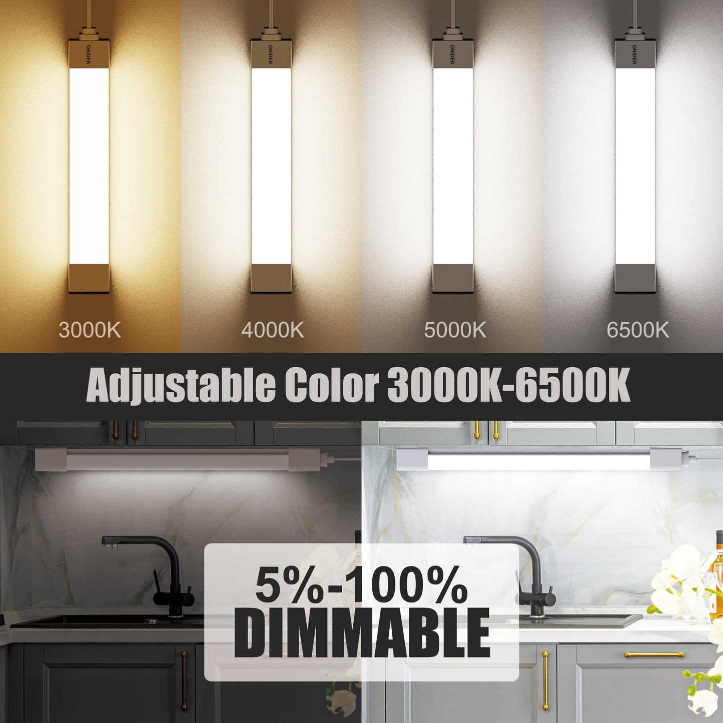 ONIDEK Under Cabinet Lights with Plug. 3000K-6500K Dimming and Color. with Wireless Control Panel and Remote Control.15W 1500LM for Garage, Kitchen, Bathroom, Closet, Office (16 inch)