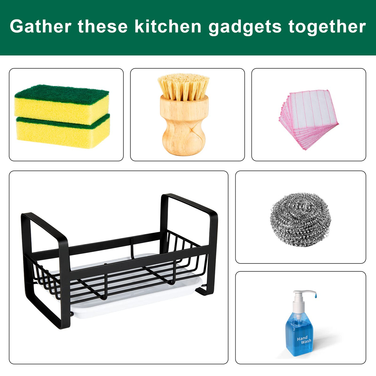TEZZ Sponge Holder for Kitchen Sink- Stainless Steel Kitchen Sink Caddy for Organizing Sponge, Brush & Soap Dish Dispenser, coutertop Organizer Rack with Adhesive or Counter top, Black