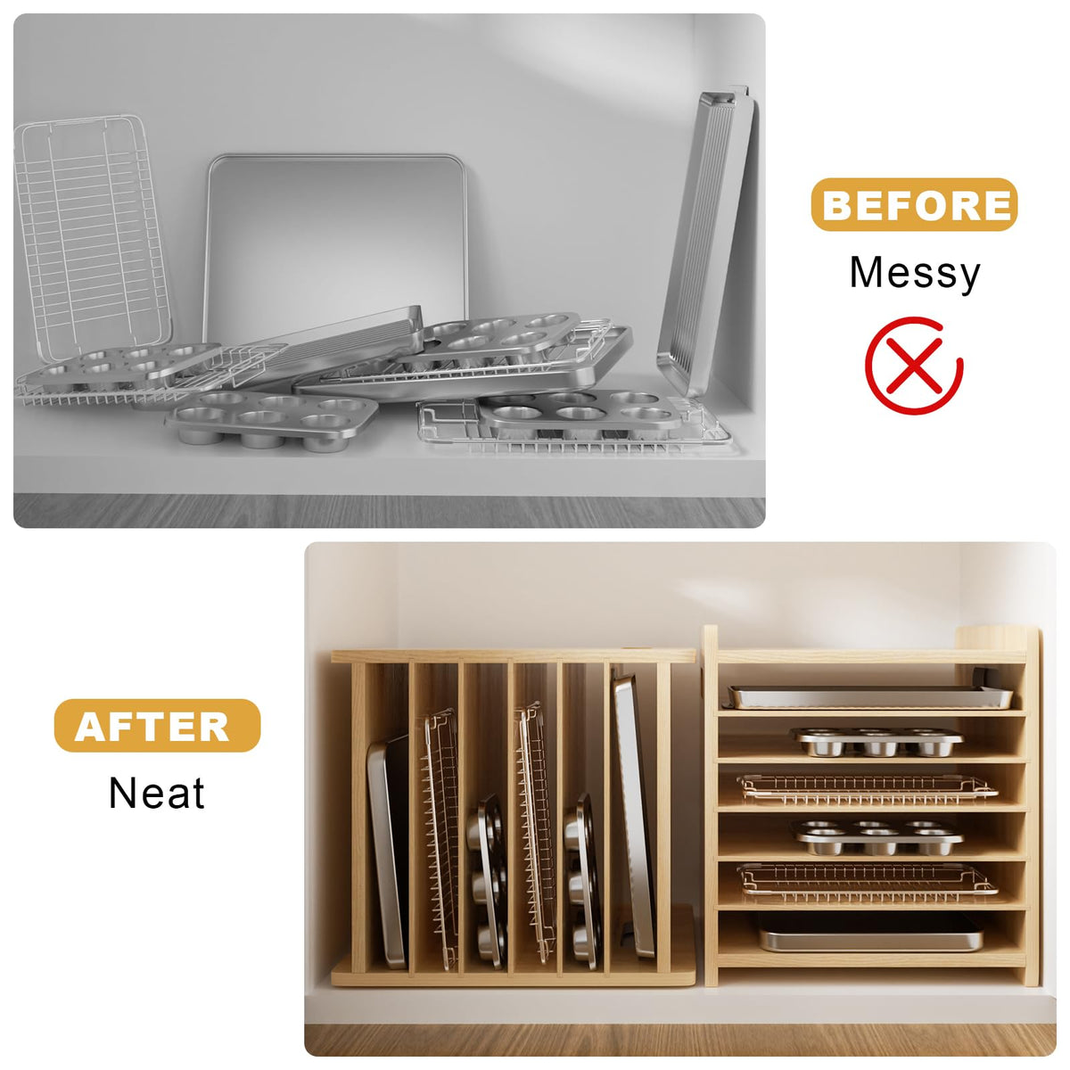 Sawjut 7 Tier Wooden Tray Dividers for Cabinets Cookie Sheet Organizer for Pot, Pans, Baking Tray Organizer for Kitchen Documents Storage(20" W x 16.5" H x 15.2" D)