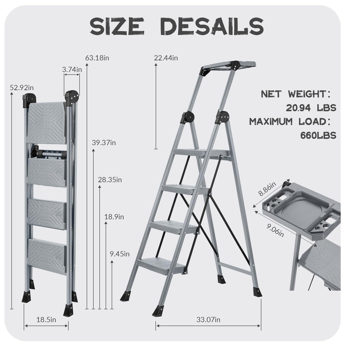 XinSunho 4 Step Ladder, Foldable Step Stool Ladder with Handrails & Tray, 660 lbs Heavy Duty Wide Pedals, Sturdy Steel Folding Ladder for Kitchen, Home, and Household Use(Silver, 4 Step)