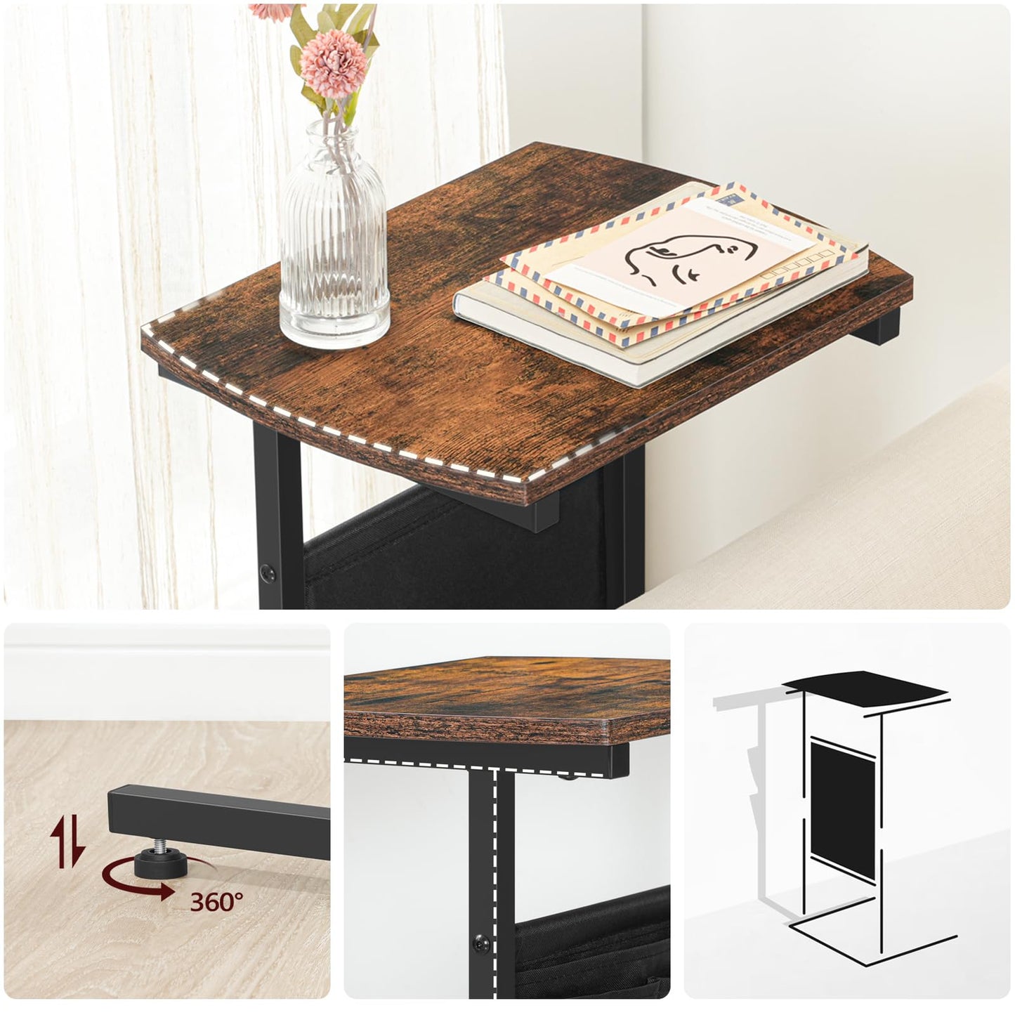 HOOBRO C Shaped End Table, 28.3" Side Table for Small Spaces, Couch Table with Storage Bag, Slide Under Sofa Side Table, for Living Room, Bedroom, Rustic Brown and Black BF40SF01