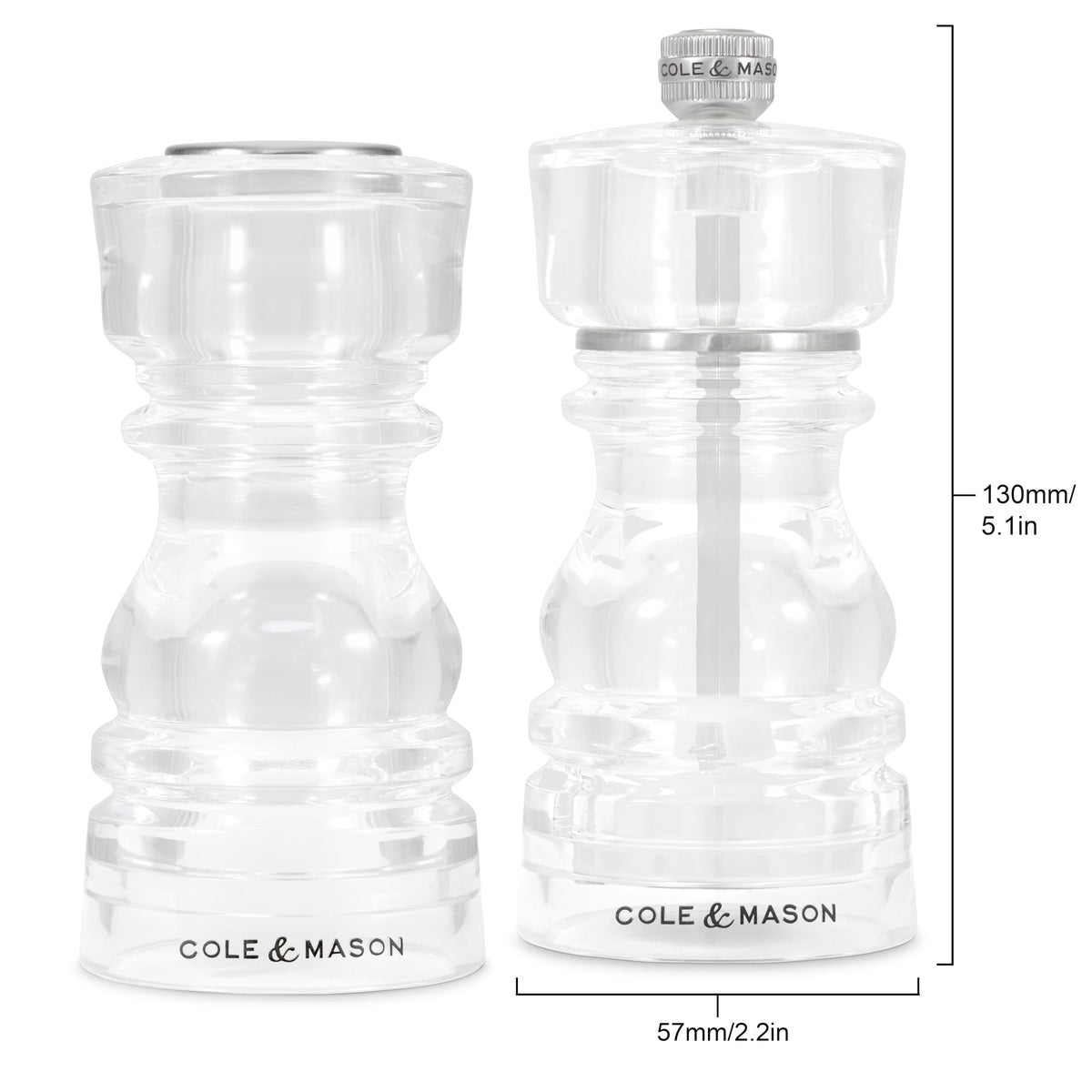 Cole & Mason London Acrylic Shaker Gift Set - Refillable Salt & Pepper Grinder with Adjustable Grinding Mechanism - Acrylic, 5" Salt & Pepper Gift Set