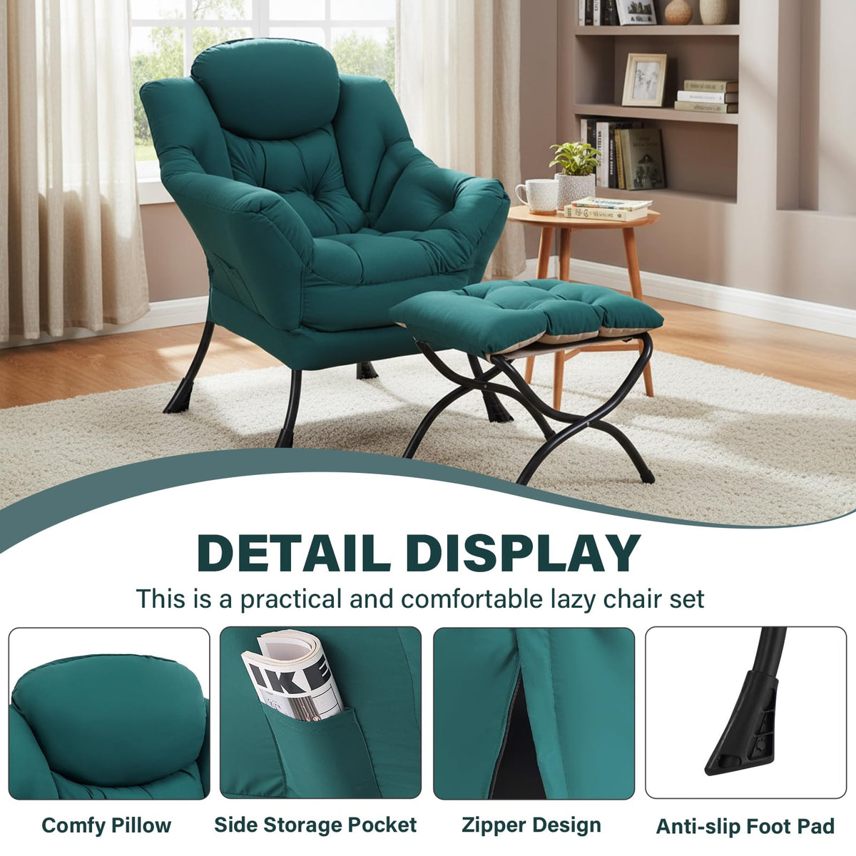 SESHINELL Lazy Chair with Ottoman, Modern Accent Chair Contemporary Sofa Chair with Armrests, Reading Chair and Folding Footstool Set for Living Room, Bedroom, Office