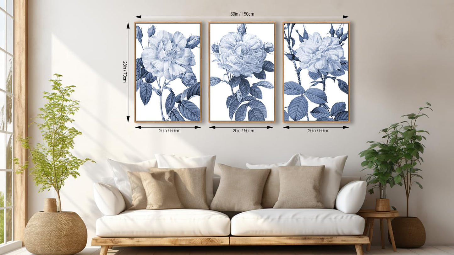 Large Framed Canvas Wall Art - Natural Float Framed Blue Gray Flowers Pictures Decor Rustic Blossom Leaves Botanical Artwork for Living Room Bedroom Kitchen Home Office Decoration 60" X 28" Set of 3