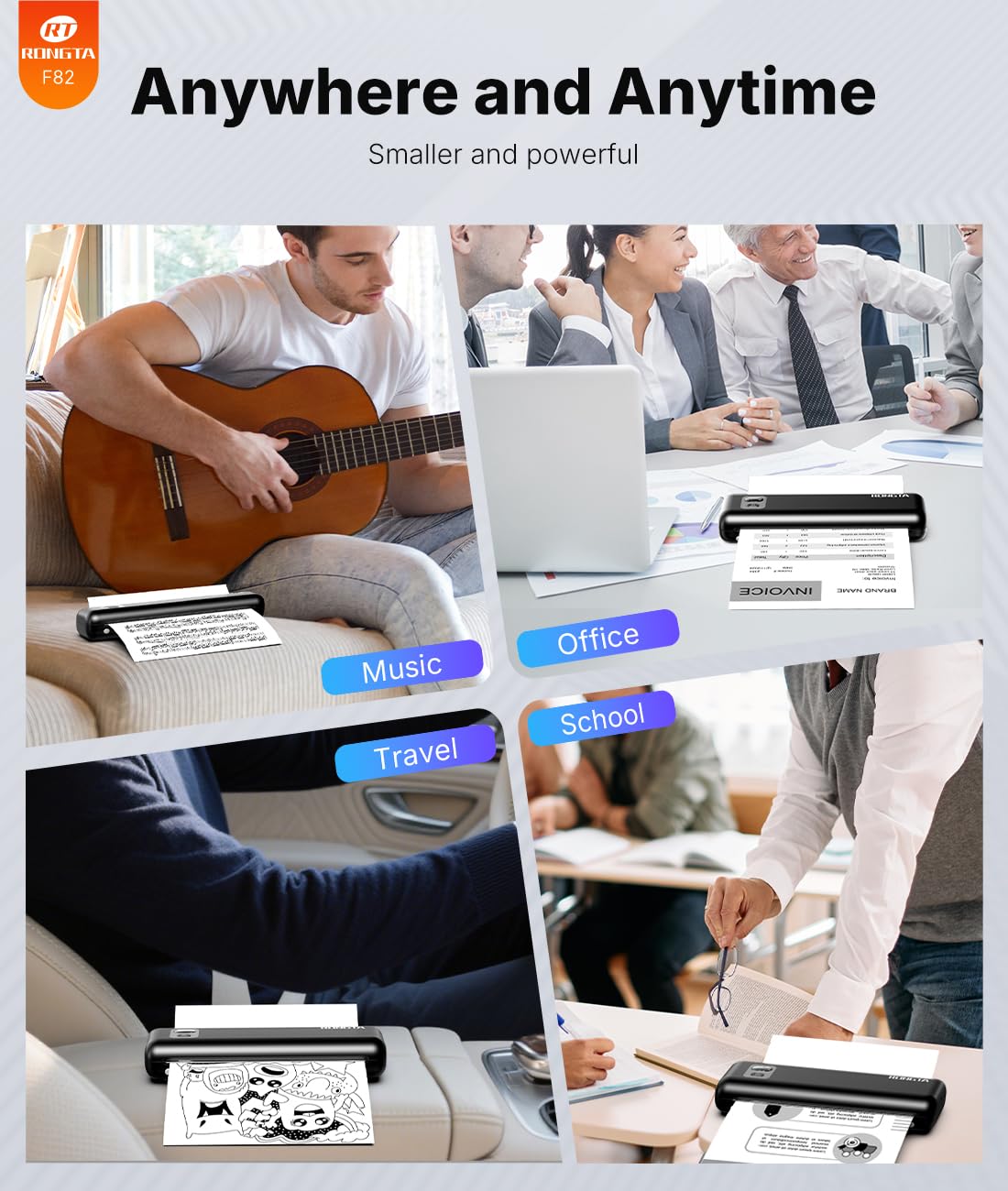 Rongta Portable Printer Wireless for Travel, Thermal Inkless Printers for 8.5"*11" US Letter, Compatible with Android iOS Smartphone, Mac Windows Laptop (Black, 1 Printer + 1 Roll Thermal Paper)