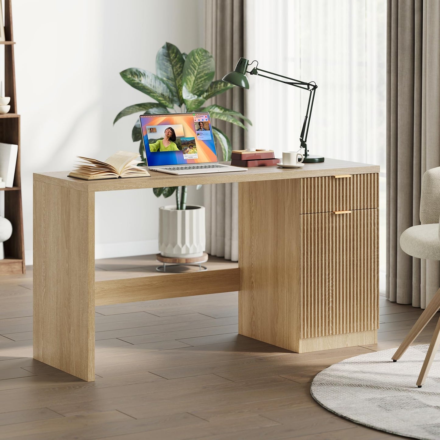 GarveeHome 60" Executive Desk with Storage, Modern Home Office Desk with Drawer & Cabinet, Wood Fluted Computer Desks Workstation Writing Conference Table for Study, Living Room, Bedroom, Natural Oak