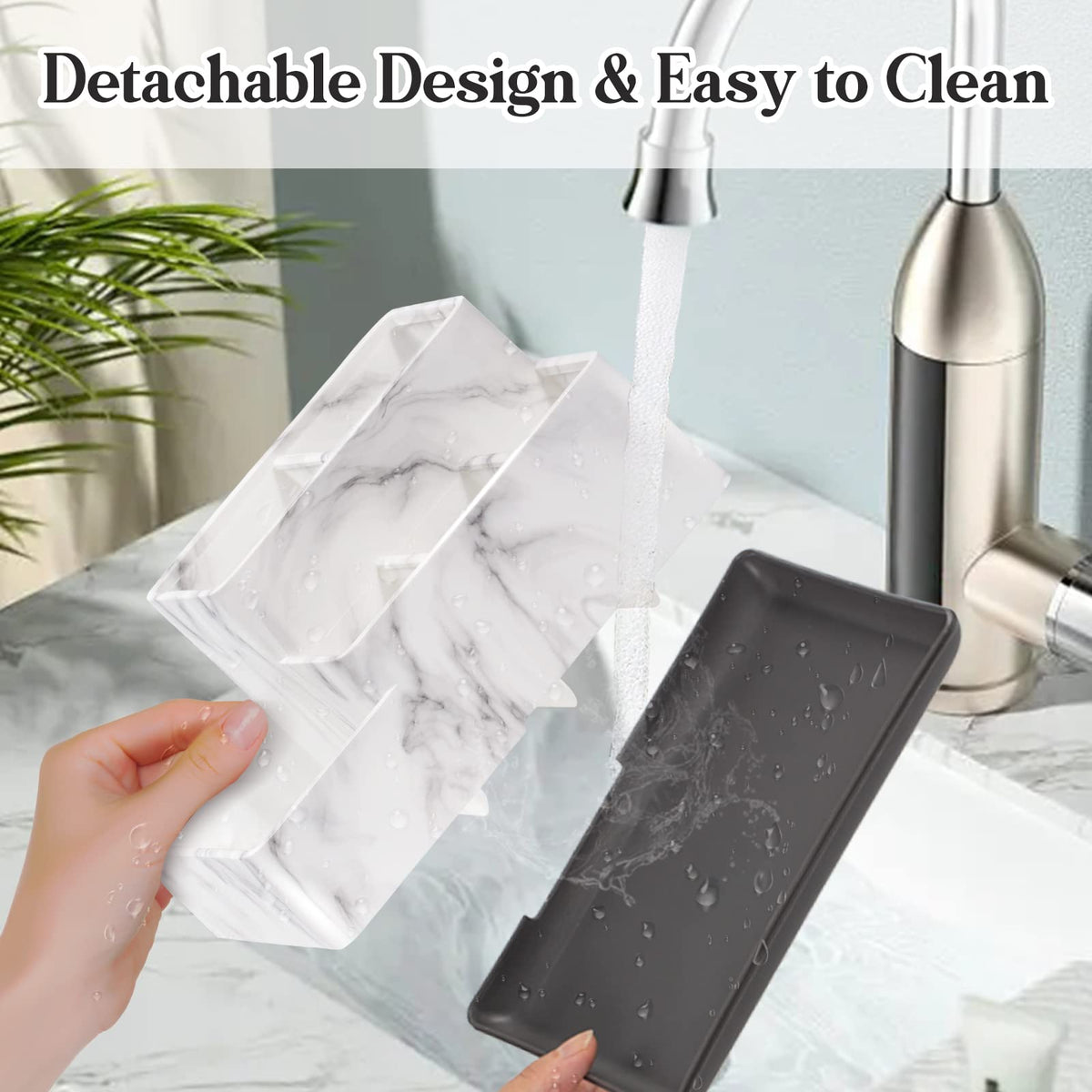 Detachable Toothbrush and Toothpaste Holder for Bathroom Countertop, Large Bathroom Organizer Storage Anti-Slip for Shower, Kitchen, Kids, Family, Multifunction Toothbrush Holders Marble Silver
