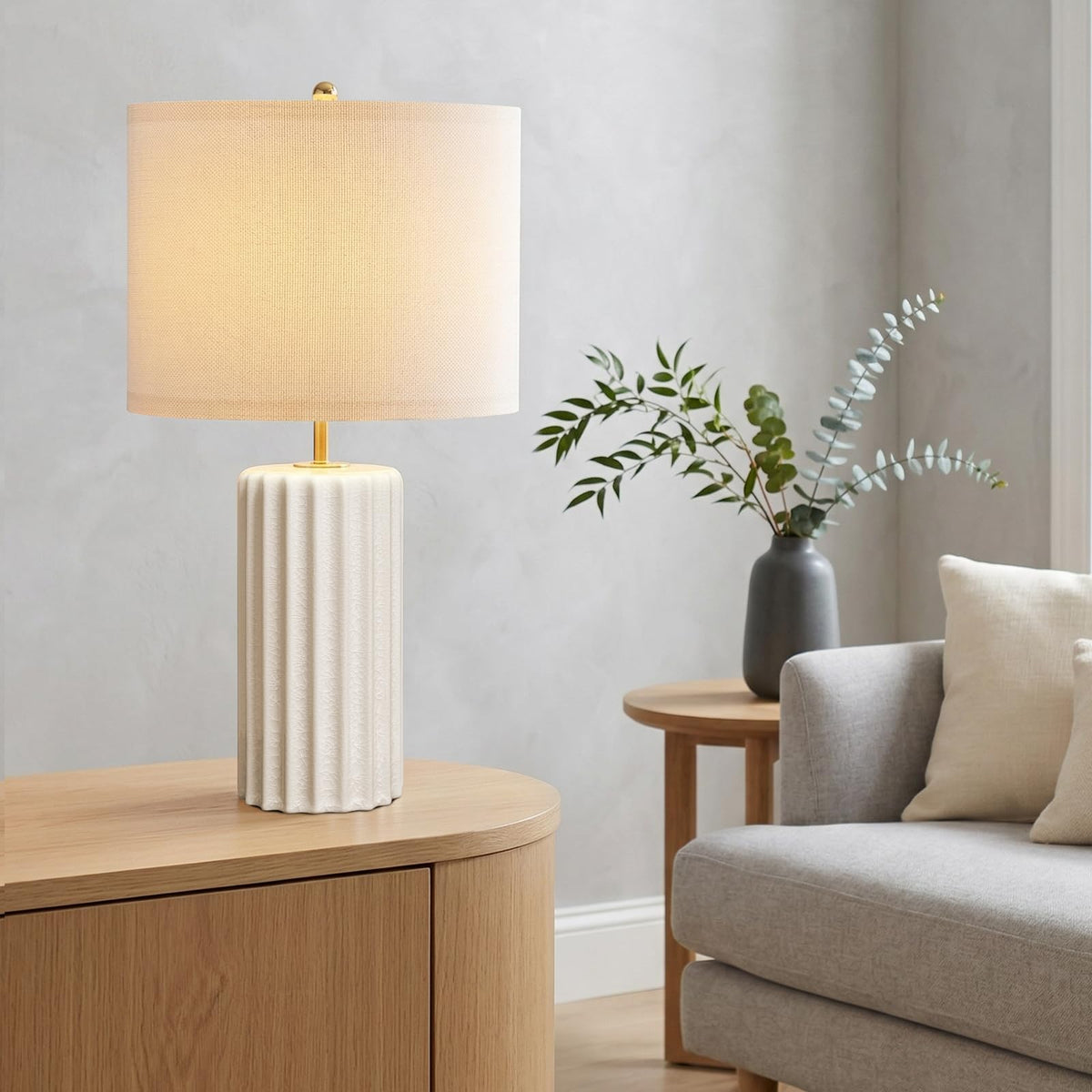 Lumspax 21" Modern Ceramic Table Lamp Set of 2 for Bedroom, Touch Control White Desk Lamps for Living Room, Farmhouse Bedside Lamps for Nightstand, End Table Lamps for Dorm Beige, Bulbs Not Included