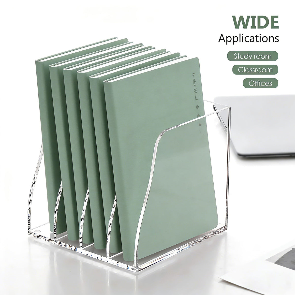 YUXUN Clear Acrylic File Folder Holder - 4 Vertical Compartments Desk Document Sorter, Upright Magazine Rack for Office/Home/Classroom, Stores Documents, Tablets, Magazines, Books & Accessories