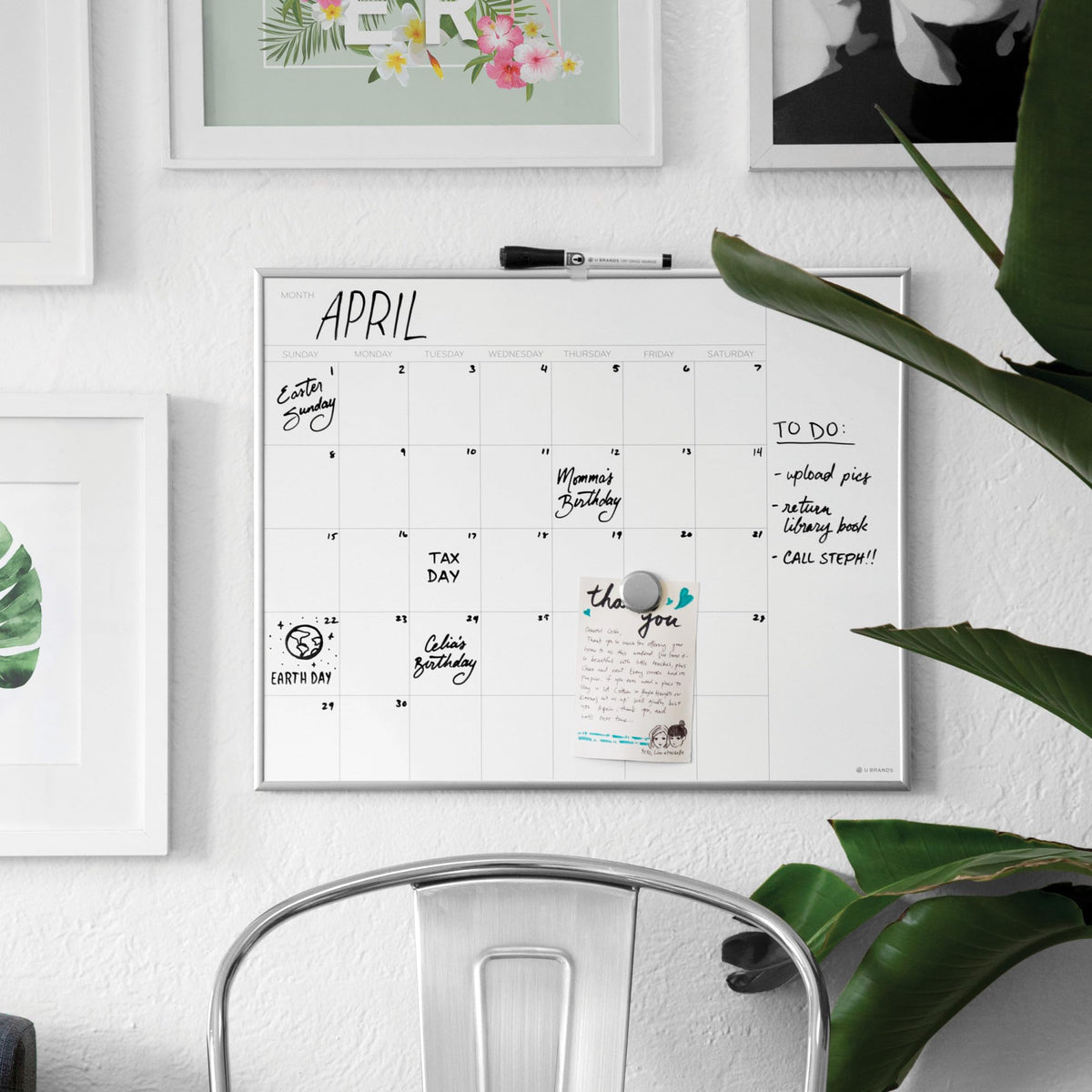 U Brands Magnetic Dry Erase Calendar White Board, 16" x 20", Silver Aluminum Frame, Includes Magnet and Marker