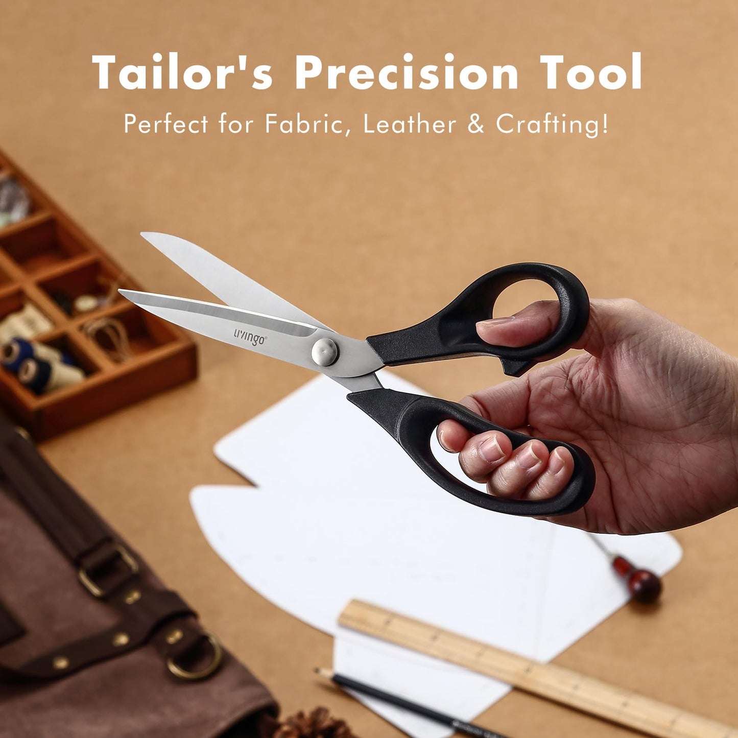 LIVINGO 9.5” Fabric Shears, Black Handle Stainless Steel Heavy Duty Sharp Bent Sewing Shears for Sewing, Quilting, Crafting Cutting Cloth, Leather, Paper