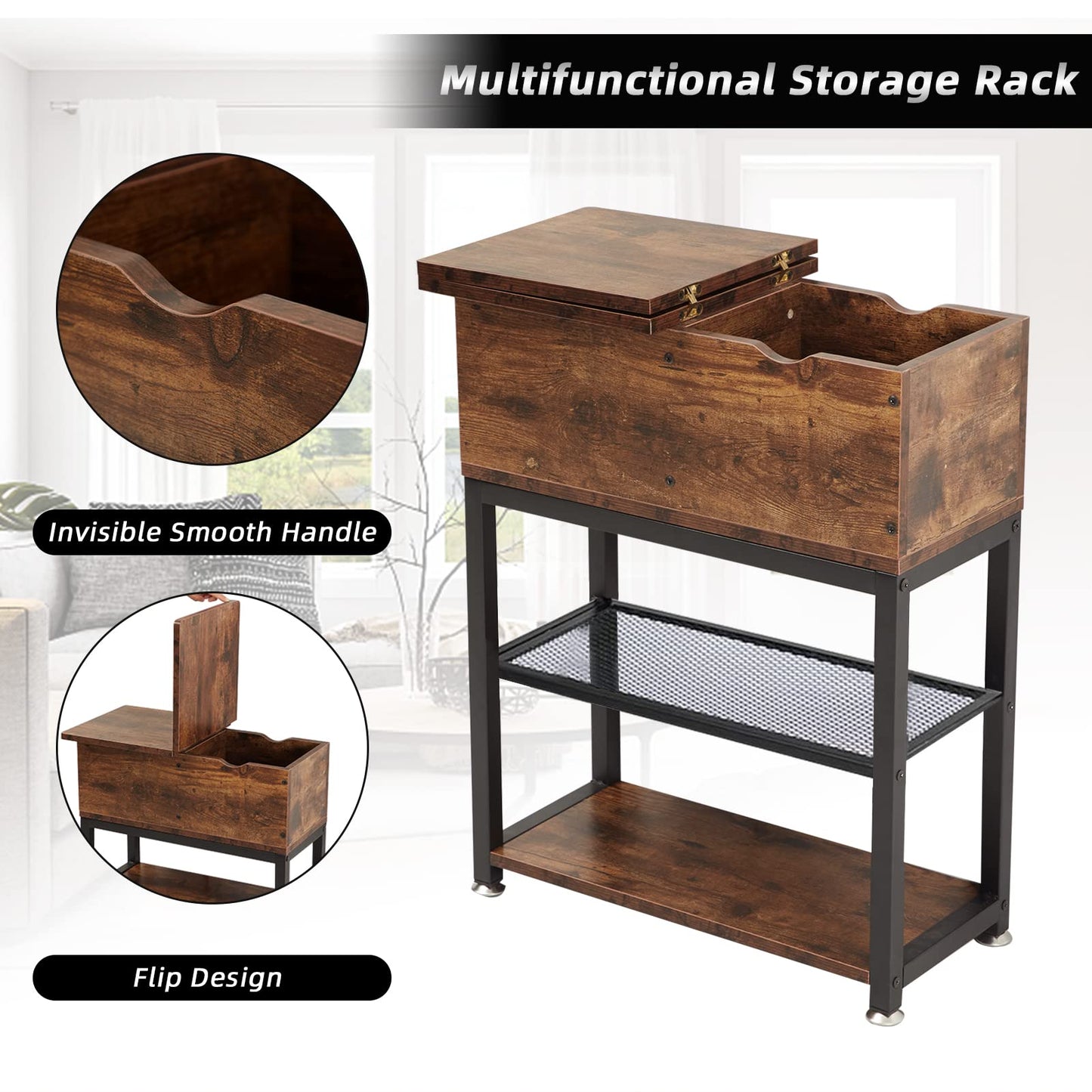 End Tables for Living Room, 28 inch Tall Side Table, End Tables with USB Ports and Outlets, 8.4" Super Deep Drawer, Flip Top End Table with Charging Station, Sturdy Steel X-Shaped Frame, Holds 216lbs