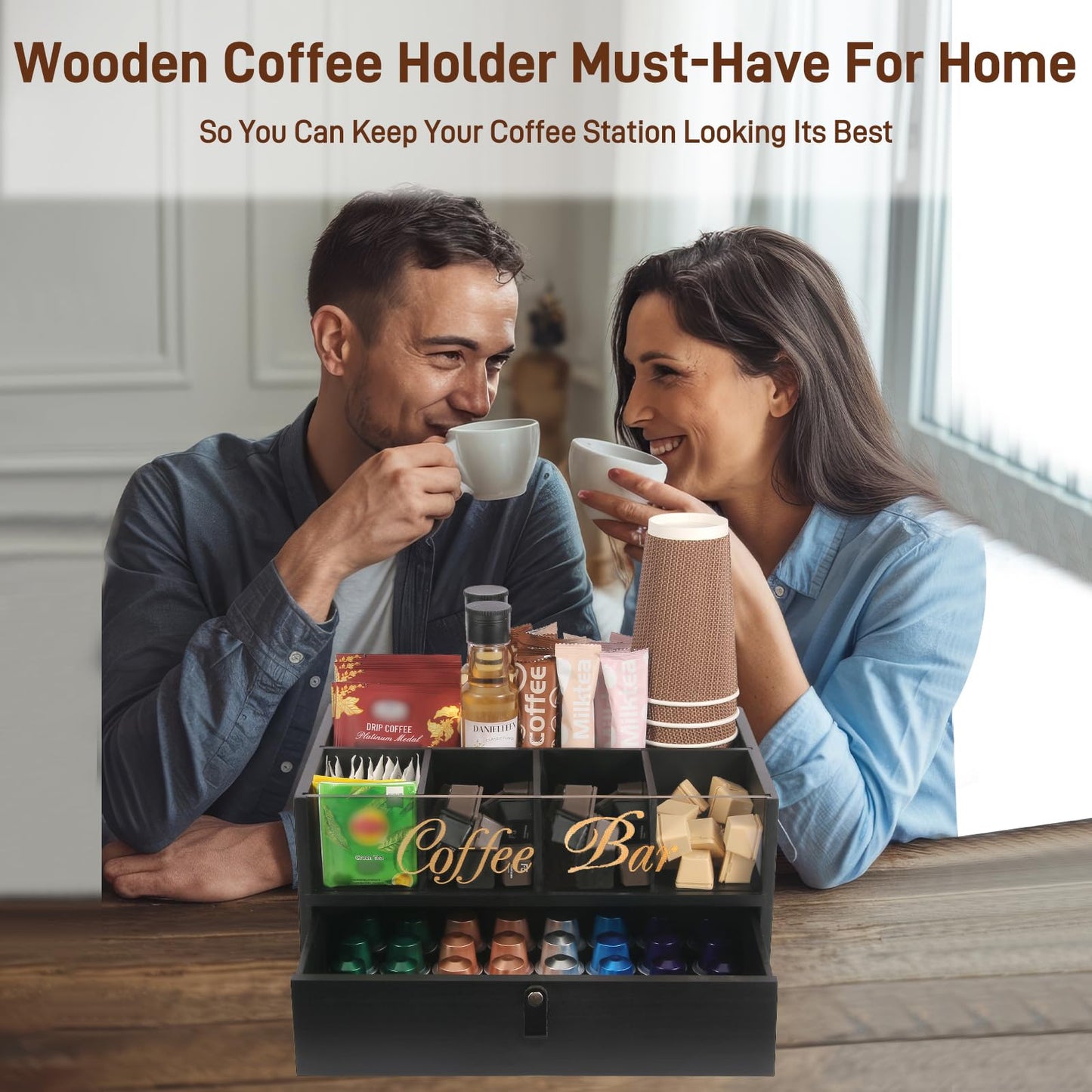 Intarsio 2-Tier Coffee Bar Organizer with Clear Acrylic Top, Built-in Drawer and Leather Handle Pull for Countertop, Stylish Coffee Station Storage Box for Accessories, Pods, Great Gifts for Home