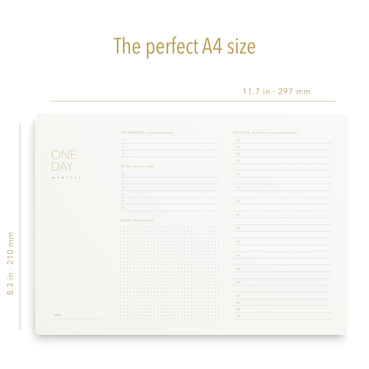 Pinesman - One Day, Elegant Daily Desk Planner, Gold Foiled, Minimalist Productivity Planner Pad, Time Blocking Hourly Schedule, To Do List Notepad, A4, 52 Pages, FSC™ Certified