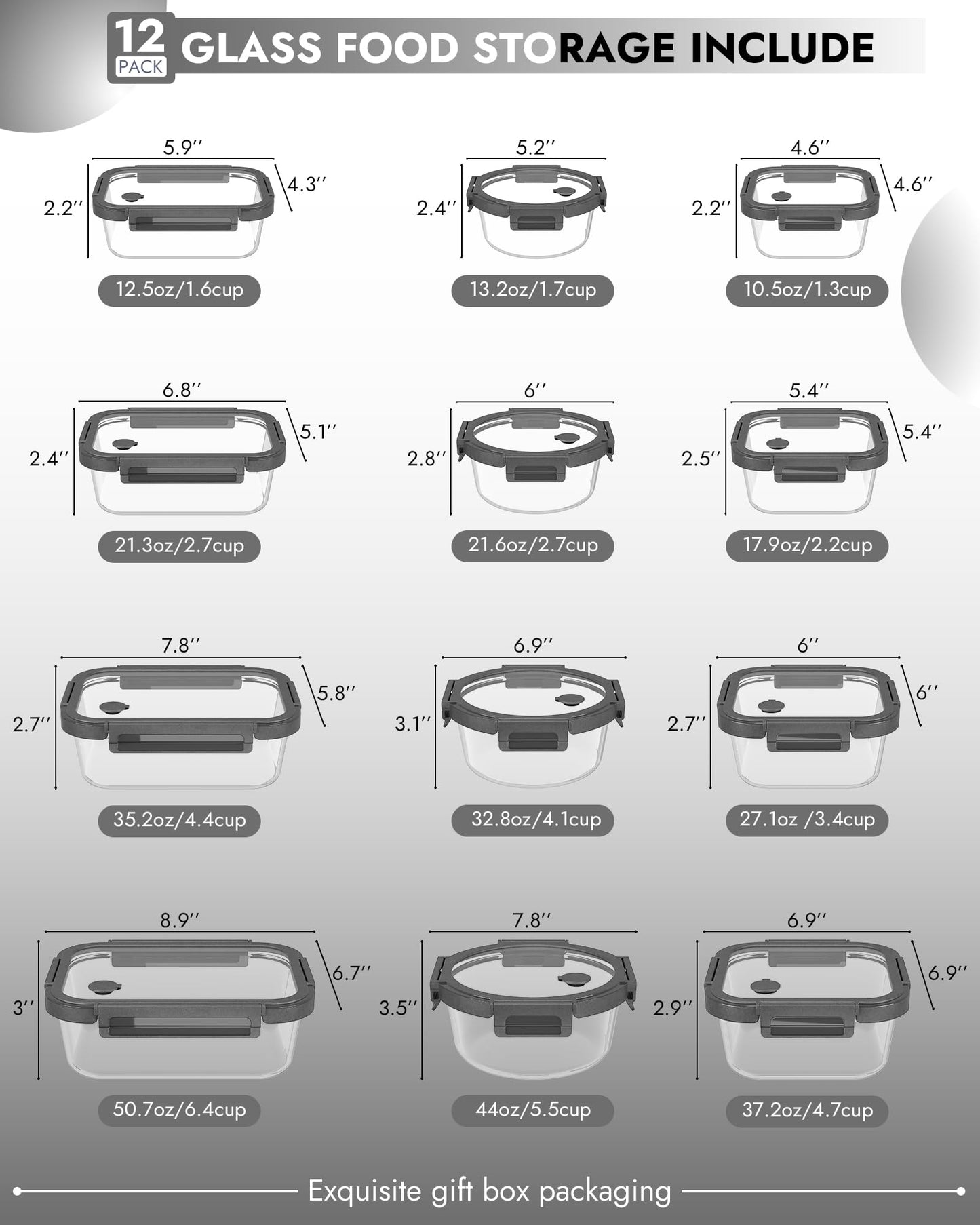 BOROHOUSE 12-Pack Glass Containers with Tempered Lids – Borosilicate, Oven-Safe(-4°F~950°F), Airtight, BPA-Free, Multi-Size for Meal Prep, Dishwasher Safe, 1.6 cups to 6.4 cups (Gray)