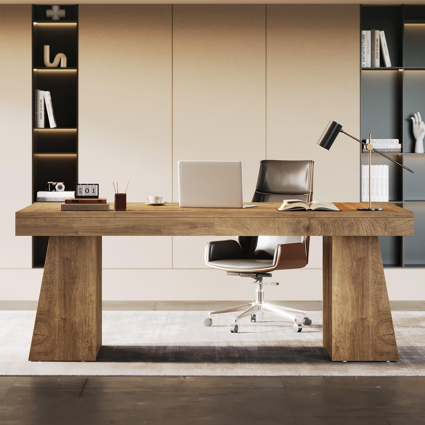 Tribesigns 55-Inch Executive Desk, Thick Wood Office Computer Desk with Double Pedestal, Modern Minimalist Workstations Writing Table Conference Table Furniture for Home Office, Light Brown