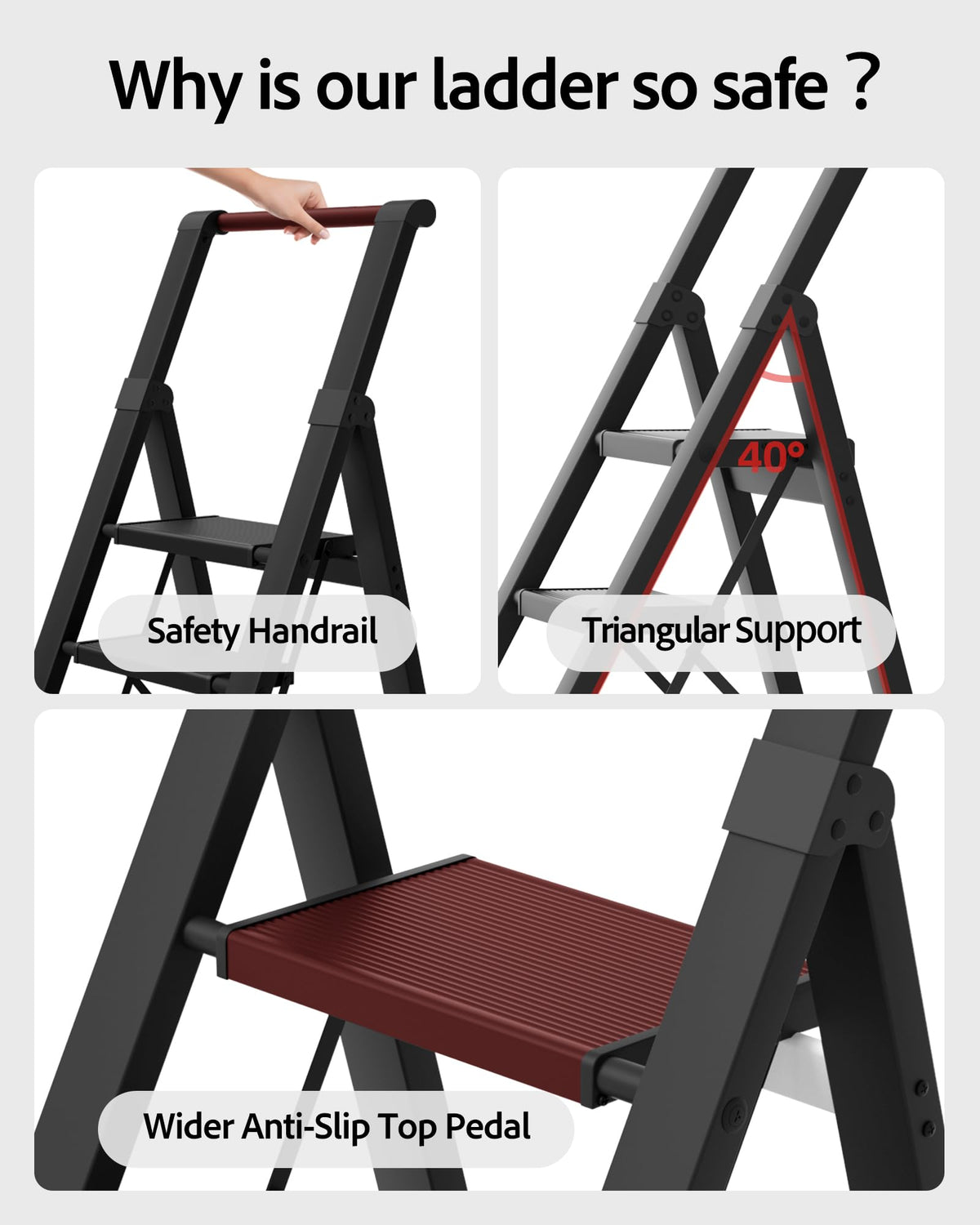 BEFITMACE 5 Step Ladder, Lightweight Folding Step Stool withConvenient Handgrip,Aluminum 330lbs Capacity Step Ladderfor Office,Household,Kitchen(Black)