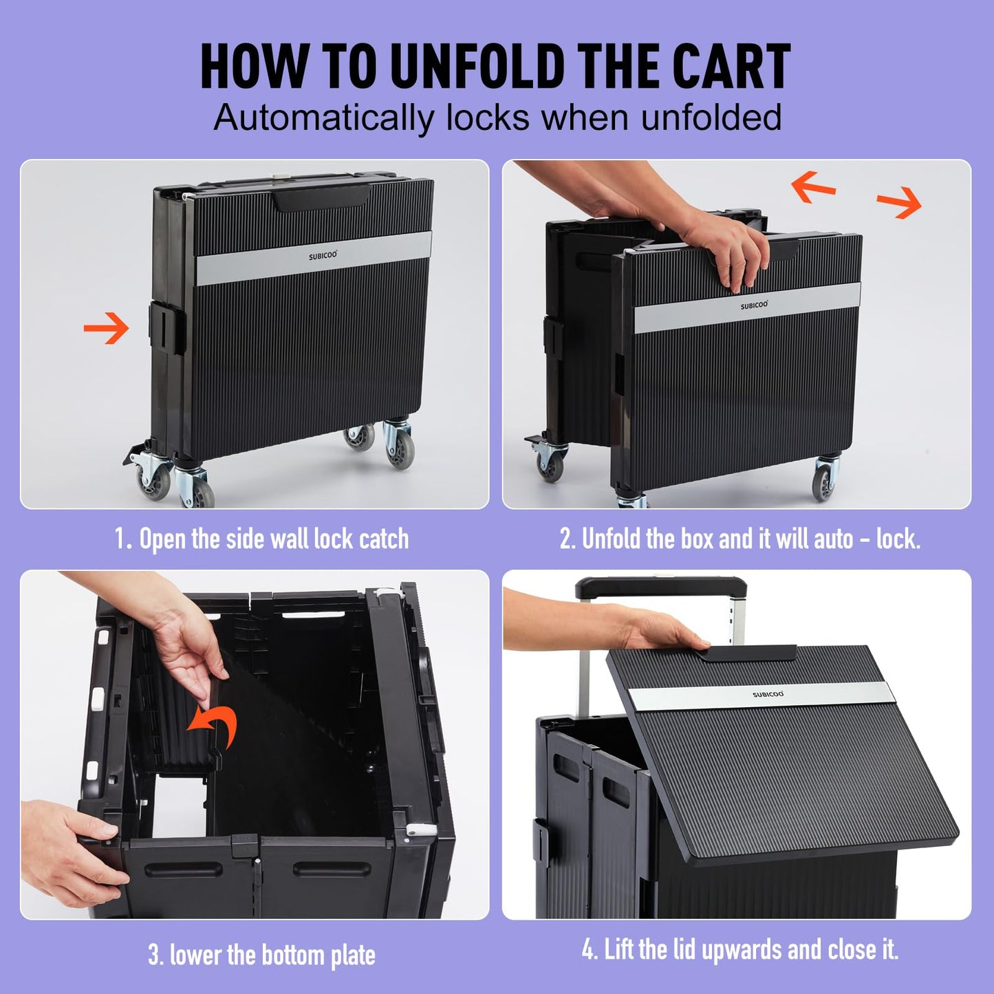 Folding Utility Cart Portable Rolling Crate Handcart Shopping Trolley Collapsible Tool Box, with Lid, on Rotate Wheels, for Grocery, Shopping, Office, Teacher, Camp,File (Black)