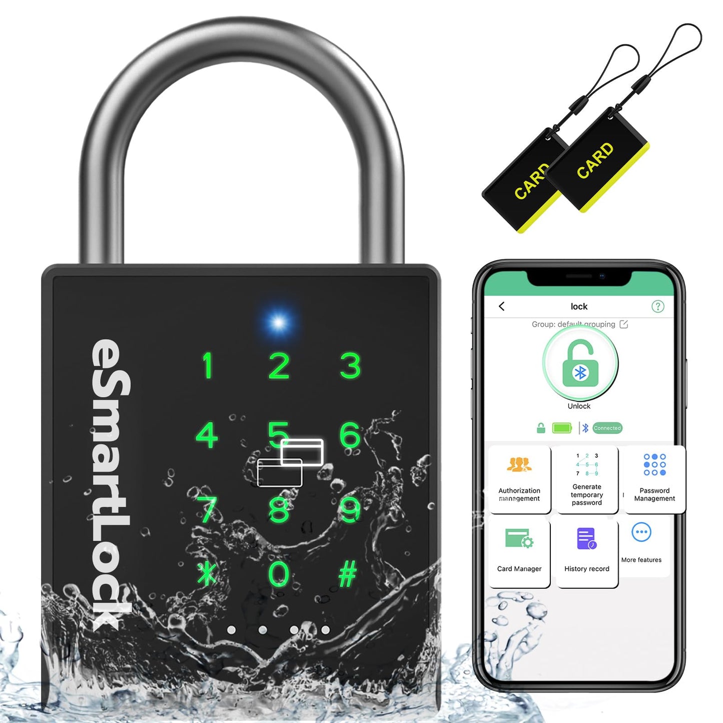 Pothunder Heavy Duty Smart Padlock, Gate Lock Padlock with Key Code and RFID, Outdoor Weatherproof Biometric Digital Lock for Gate, Sheds, Fence, Garage, Locker, Storage Unit