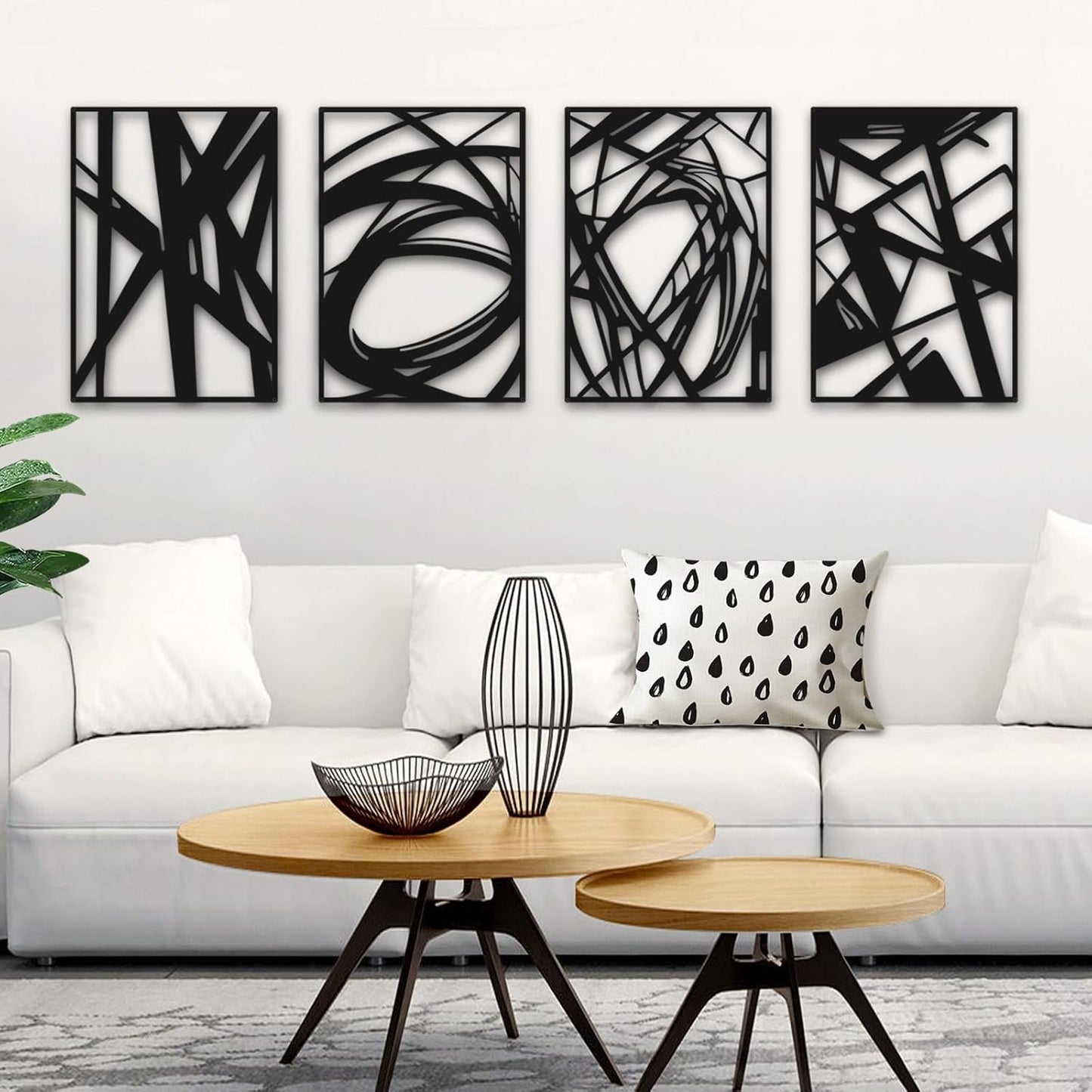 Modern Black Abstract Wall Art – 4 Panel Set (16x11”) – Minimalist Metal Artwork for Living Room, Bedroom, Office – Contemporary Home Decor, Easy to Hang