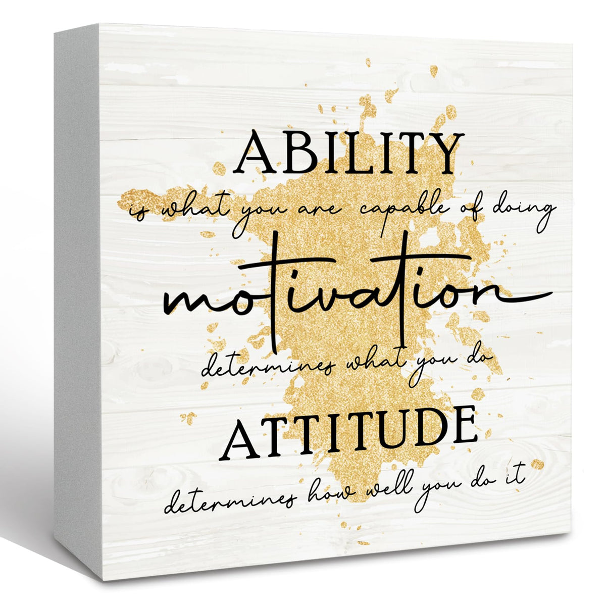 KFXHANGD Gold Office Inspirational Quotes Wooden Box Sign Desk Decor, Ability Motivation Attitude Decorative Signs, Motivational Home Shelf Desk Decor 5x5 Inch