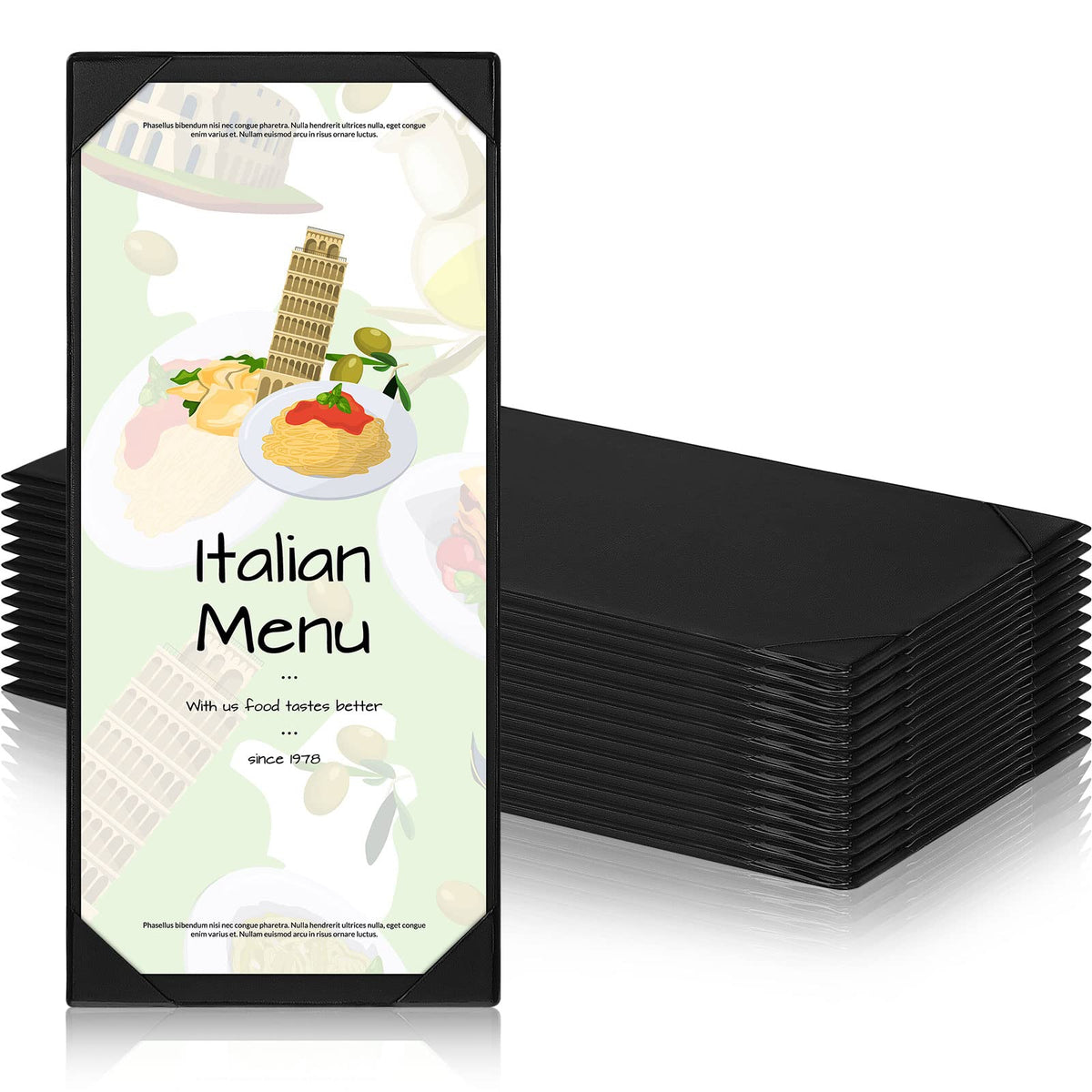 Jexine 12 Pcs Restaurant Menu Covers Single Page Panel Holders with Angled Corners, Black, 4.25" x 11"