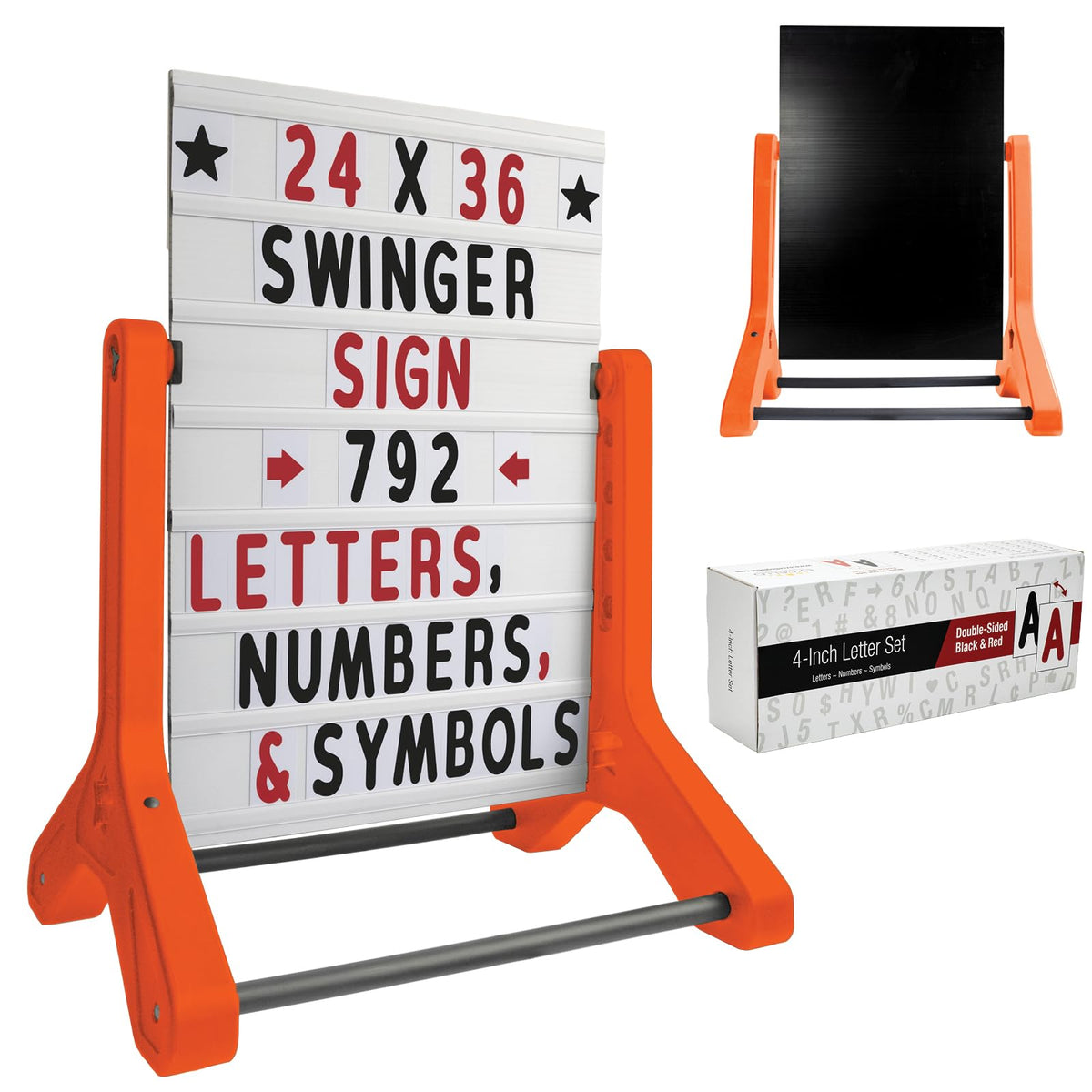Swinging Changeable Message Sidewalk Sign: 24" x 36" Sign with 792 Pre-Cut Double Sided Letters and Storage Box. Includes Black Board & Letter Board (Orange Color Legs)