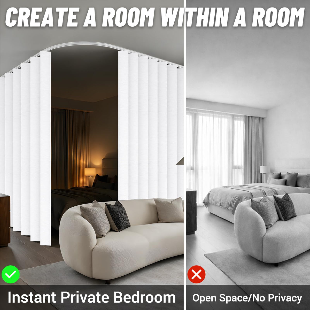 AJAZZ 100% Blackout Room Divider Curtains Screen Partitions, Blackout Sound Reducing Divider Room Panel for Doorway Glass Window Sliding Door Patio(White, W100 x L84, 1 Pack)