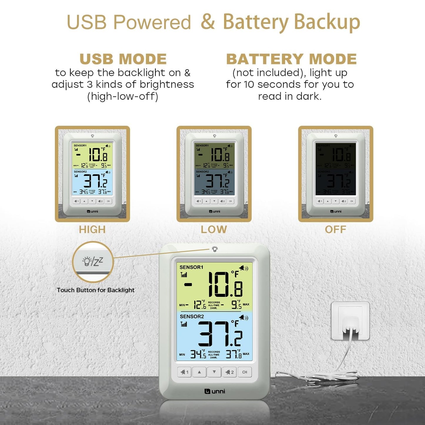 U UNNI Refrigerator Thermometer with Alarm, Digital Wireless Fridge and Freezer Thermometer, Max Min Temperature Records with Magnetic & Stand Options for Home Restaurant