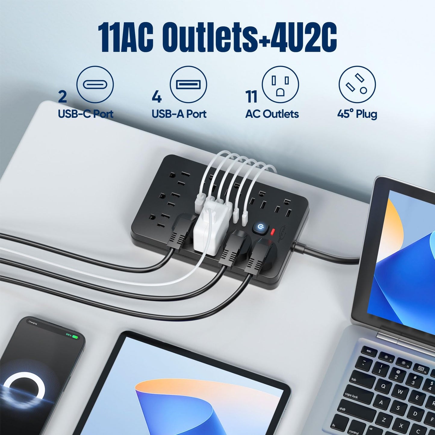 JouleLoom 6 FT Flat Plug Surge Protector Power Strip,11 Multiple AC Outlets with 6 USB Ports (2 USB C), 6 Feet Extension Cord, 1250W/10A, One Touch Switch Button, 17 in 1 Compact powerstrip