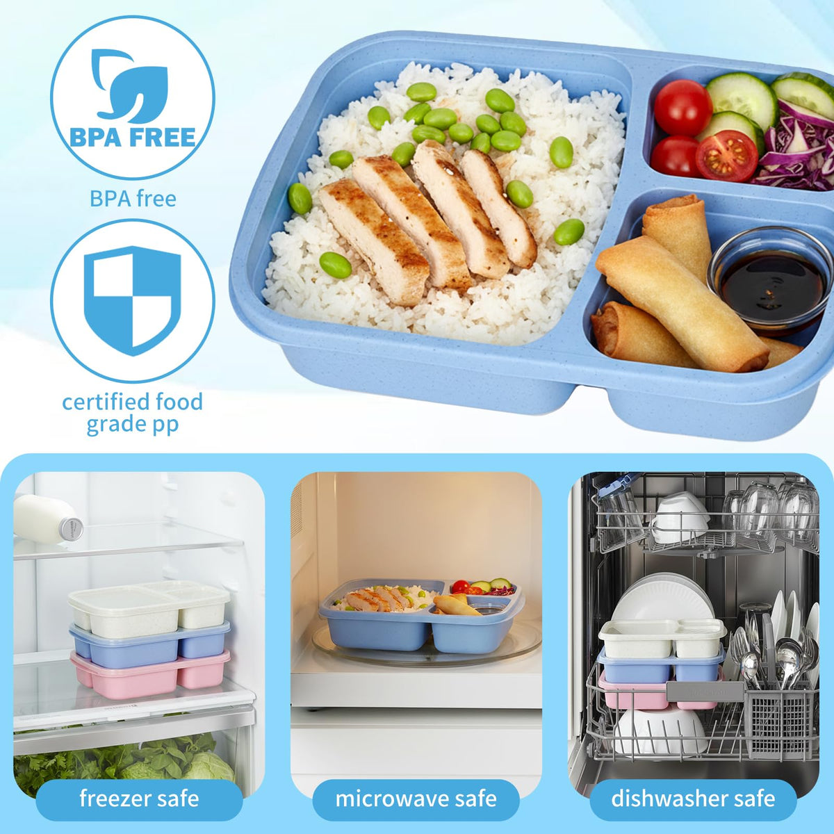 Orivastine 4 Pack Bento Lunch Box Set, 3 Compartment Leakproof Stackable Food Containers, Reusable Wheat Straw Lunch Boxes for Adults Work and Travel