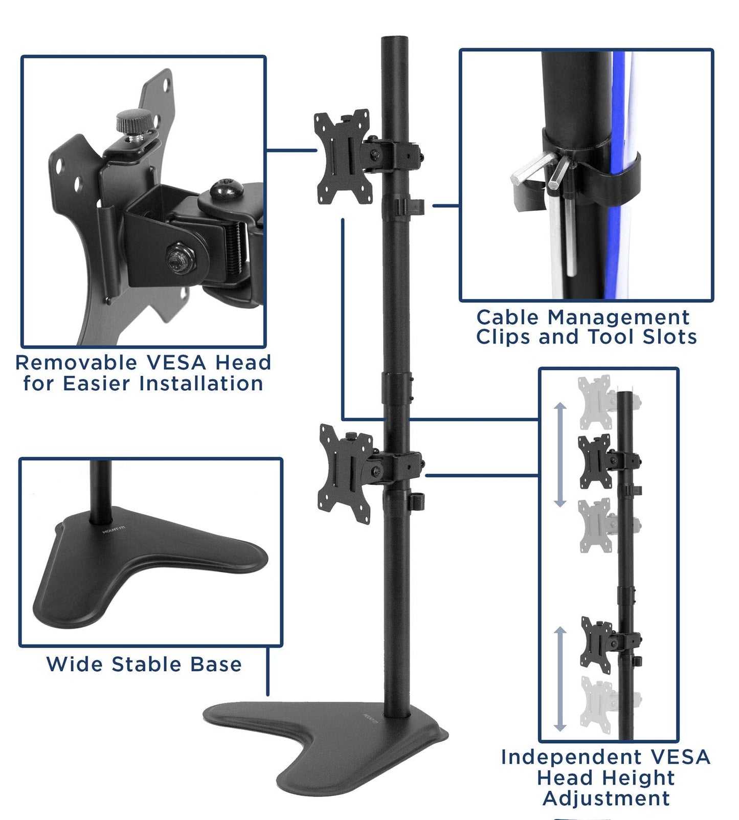 Mount-It! Vertical Dual Monitor Stand, Stacked Desk Mount Fits Two 13–32 Inch Screens up to 17.6 lbs Each, Height Adjustable Free Standing Pole with Tilt Swivel Rotate, Ergonomic VESA Riser, Black