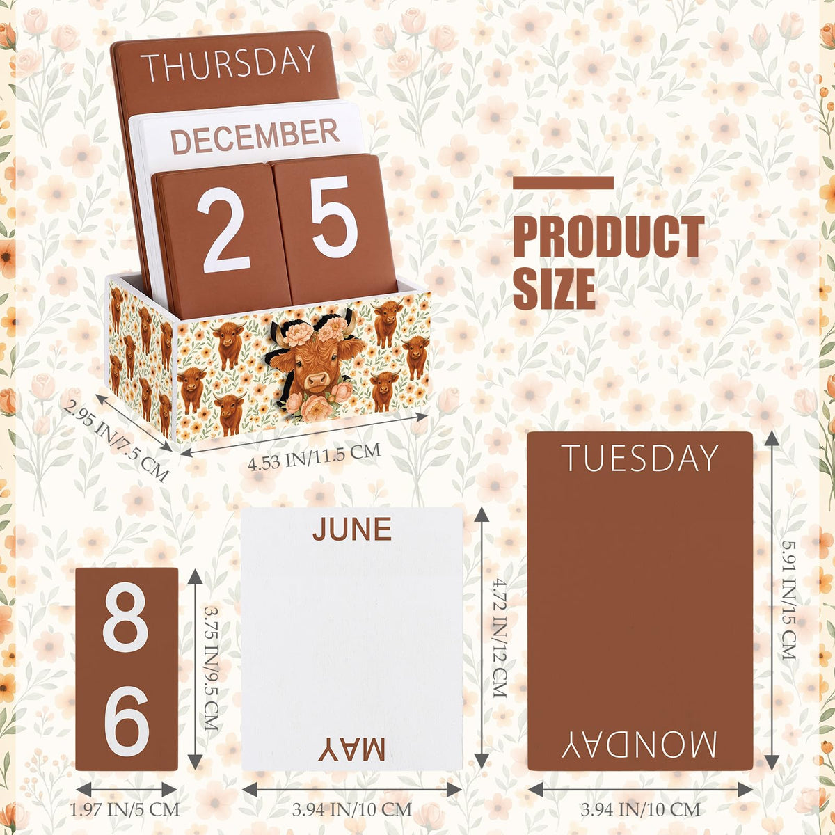 AceOrbit Highland Cow Wood Block Perpetual Calendar Coquettish Desk Decor Cute Month Week Date Display Decorative Block Calendar for Women Office Home Desk Gift for Women