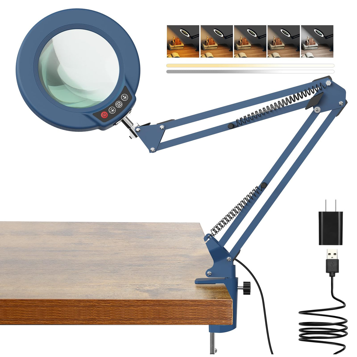 10X Magnifying Glass with Light and Clamp, Real Glass Stand Lighted Magnifier, 5 Color Modes Stepless Dimmable LED Desk Lamp Hands Free for Crafts Hobby Reading Painting Sewing Close Work - Blue