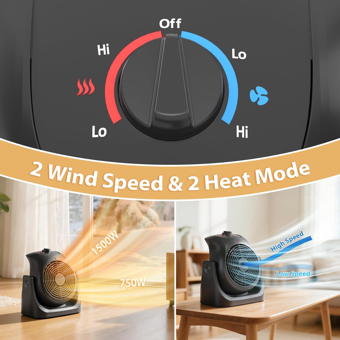 2 in 1 Heater and Fan Combo, Portable Heating and Cooling Fan, Personal Air Calculator Fan with 45° Adjustable, 2 Wind Speeds & Overheat Protection, 1500 & 750W Space Heater for Indoor Use Home Office
