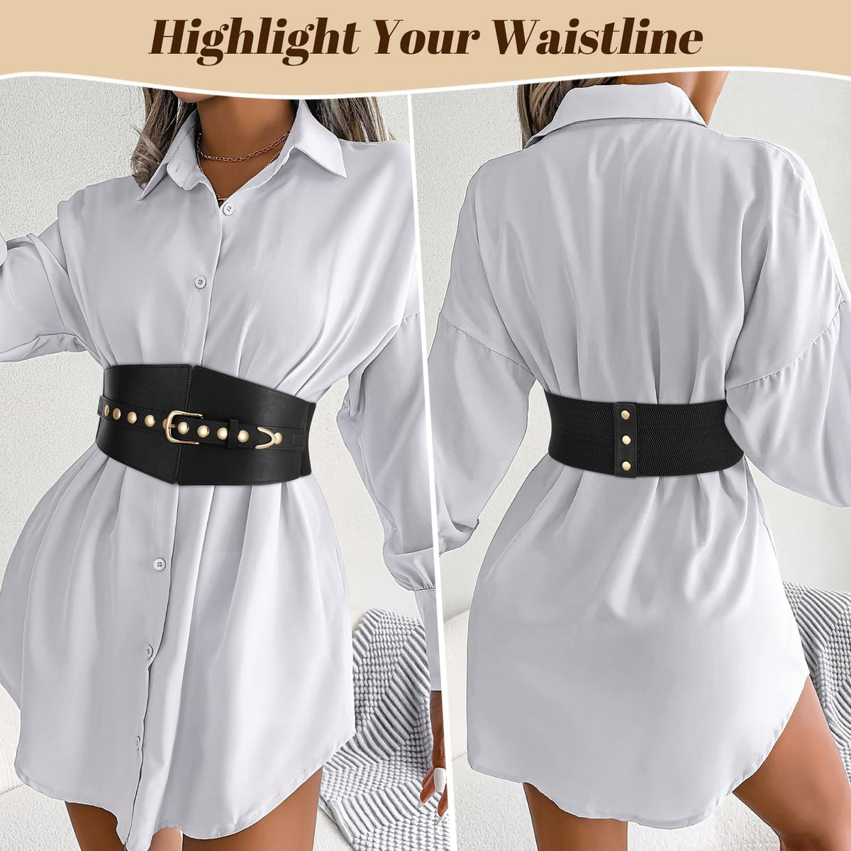 JKEEMI Wide Waist Belt Women Elastic Chunky Stretchy Elegance Belt with Gold Rivets Buckle for Daily Costume
