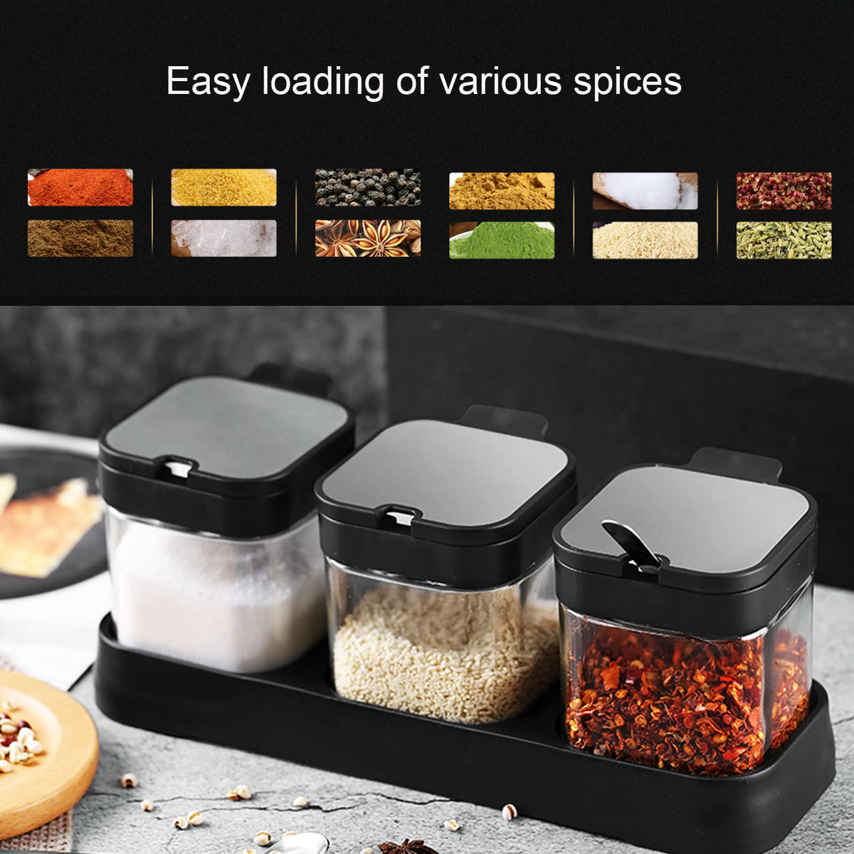W WBLD Glass Condiment Jar Spice Container with Lids and Spoons, Square Clear Seasoning Sugar Containers Set with Base, Sugar Pepper Salt Spices Bowl for Kitchen Countertop,3pcs