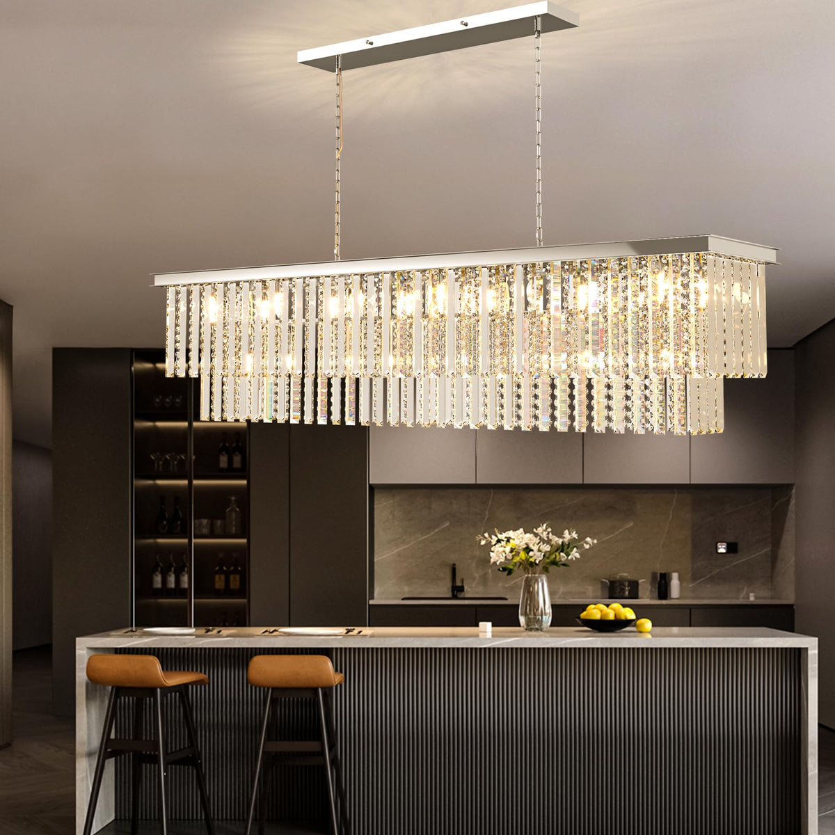 Arotikee Luxury Rectangular Crystal Chandelier for Dining Room, 55" Modern Chrome Linear Chandelier Over Table, Statement Lighting for Kitchen Island & Living Room