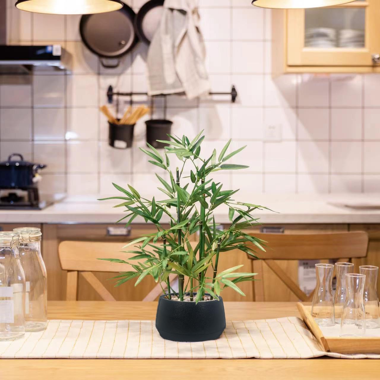 365 Blooming Decor 18-inch Tall Potted ARTIFICIAL Bamboo Plant (Black Pot) - Luxury Artificial Bamboo in black textures Pot for Home, Office, Kitchen, Counter Top, Indoor Decor, Money Tree, Lucky Tree