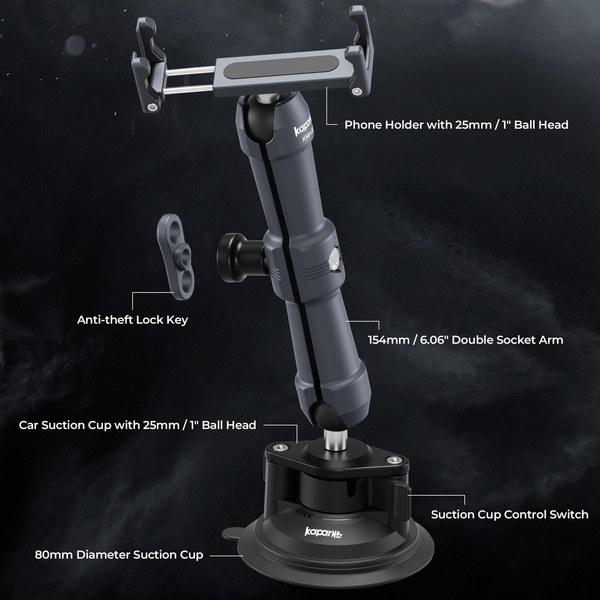 KAPARNER Universal Car Phone Mount, with 25mm Ball Magic Arm and 360° Rotation Phone Holder, Suction Cup Windshield & Dashboard Mount, for iPhone/Samsung/Android, Fits Phone Width 2.56-3.74"(KPS-10)