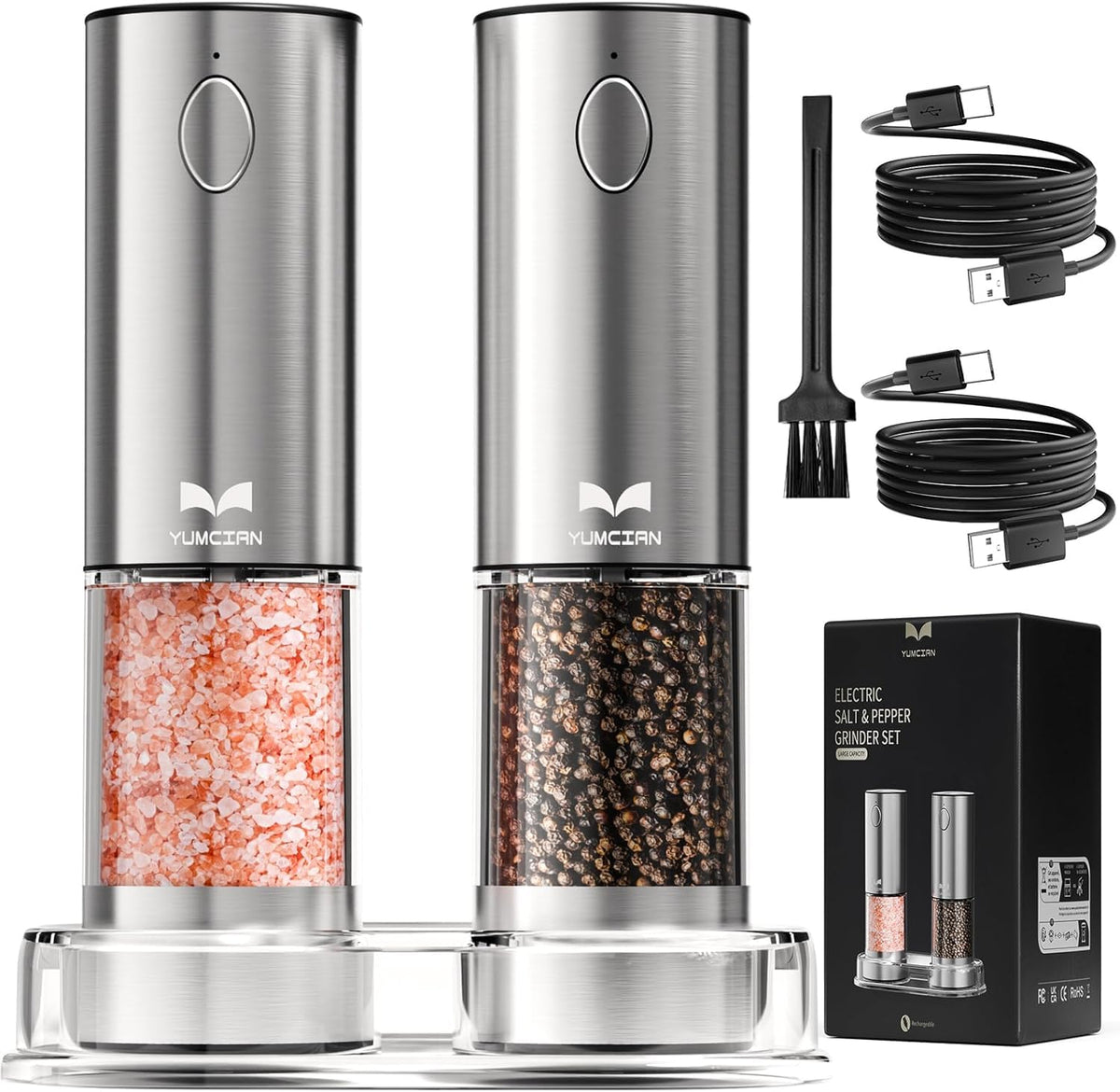 Electric Salt and Pepper Grinder Set Rechargeable, Yumcian Automatic Shakers Set with Adjustable Coarseness and LED Light, Stainless Steel Mill Set, Upgraded Larger Capacity