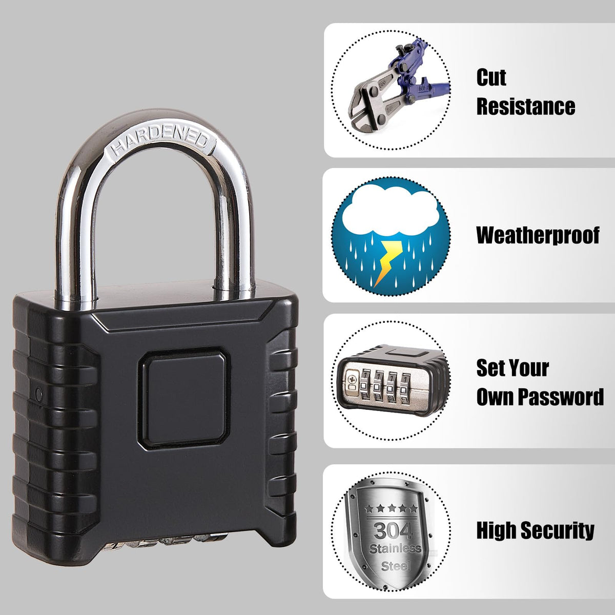 1 Pack disecu Large Heavy Duty 4 Digit Combination Lock, One Touch Unlocking, Anti-Error Feature, High Security Outdoor Waterproof Padlock for School Gym Locker, Fence, Gate, Storage Unit (Black)