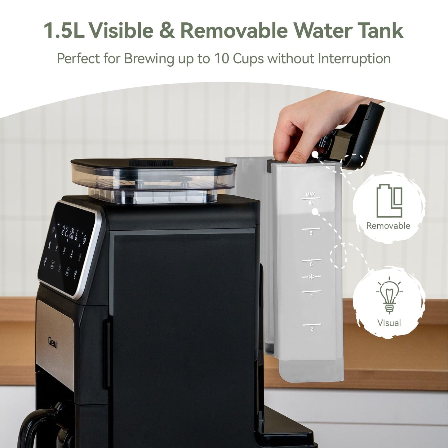 Gevi Grind & Brew Coffee Maker 10 Cup, Built-In Burr Grinder Drip Coffee Machine, Programmable Touch Screen, 4-Hour Warm Plate, Permanent Filter & Glass Carafe