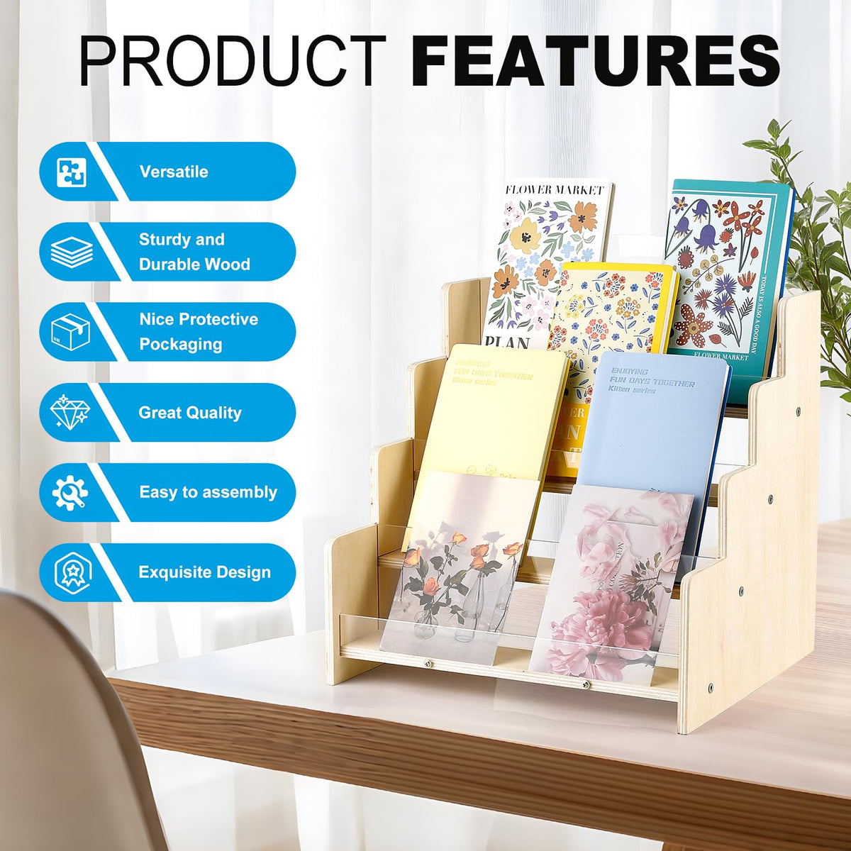 Kesiya Greeting Card Display Stand , Acrylic Sticker Display Holder for Vendors, Counter Retail Display Rack , 4-Tiered Wooden/Acrylic Display stand for postcard /Brochure/Photos/Picture