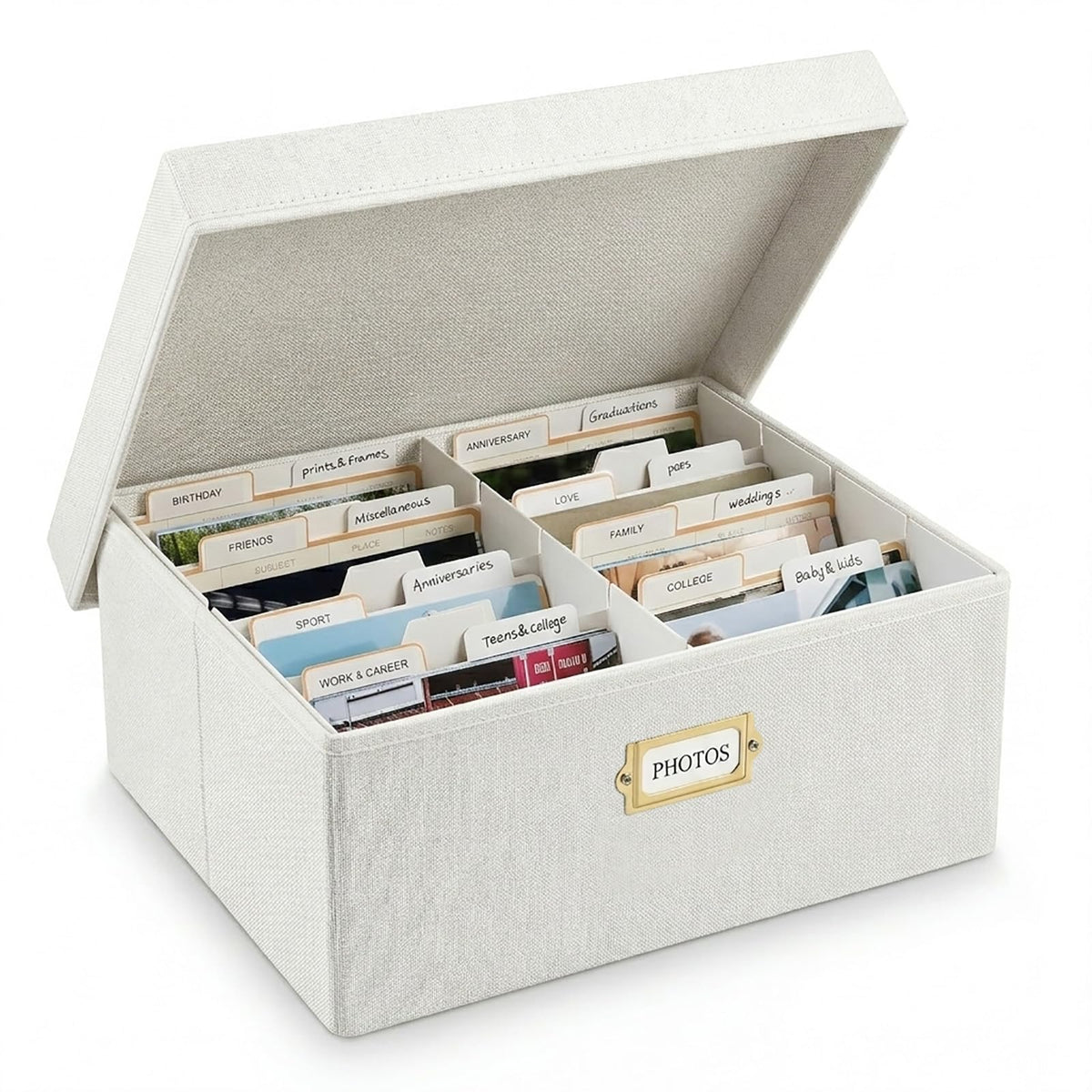 LEARNIBEE Decorative Photo Storage Box, Sturdy Linen Photo Organizer with Dividers & Envelopes, Holds Up to 1700 Pictures and 4x6 Photos, Keepsake Storage for Photos, Scrapbooks & Cards