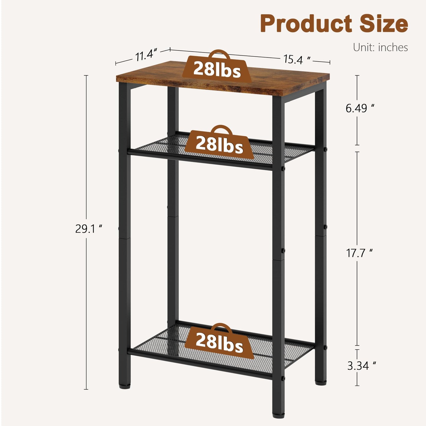 Hoctieon 2-Set 3 Tier End Table, Telephone Table Set of 2, Tall Side Table with Storage Set of 2, Small Nightstand for Small Spaces, Metal Frame, for Living Room, Bedroom, Sofa Couch, Rustic Brown