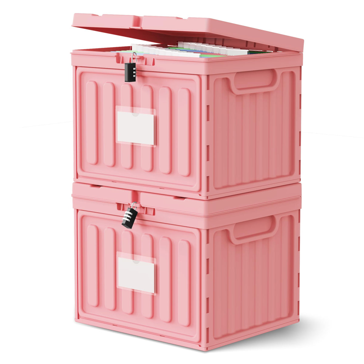 Oterri Plastic File Box with Lid for Letter Size Hanging File Folders, Hanging File Folder Box for Home, Office, School, File Cabinet, Assembly File Organizer, Pink，Large-2 Pack Without Folders